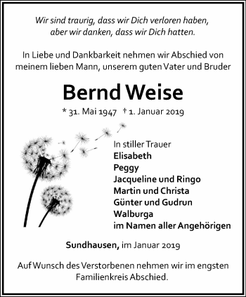 Traueranzeige von Bernd Weise von Ostthüringer Zeitung, Thüringische Landeszeitung