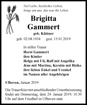 Traueranzeige von Brigitta Gammert von Thüringer Allgemeine, Thüringische Landeszeitung