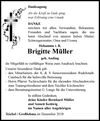Traueranzeige von Brigitte Müller von Ostthüringer Zeitung