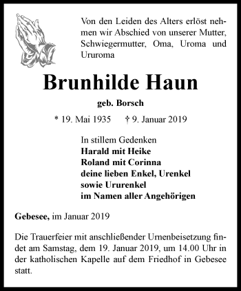 Traueranzeige von Brunhilde Haun von Thüringer Allgemeine, Thüringische Landeszeitung