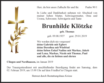 Traueranzeige von Brunhilde Klötzke von Thüringer Allgemeine