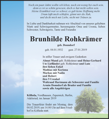 Traueranzeige von Brunhilde Rohkrämer von Thüringer Allgemeine