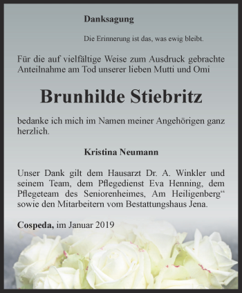 Traueranzeige von Brunhilde Stiebritz von Ostthüringer Zeitung, Thüringische Landeszeitung