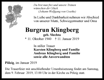 Traueranzeige von Burgrun Klingberg von Ostthüringer Zeitung