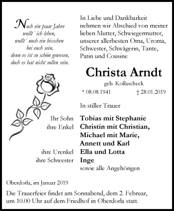 Traueranzeige von Christa Arndt von Thüringer Allgemeine, Thüringische Landeszeitung