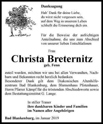 Traueranzeige von Christa Breternitz von Ostthüringer Zeitung