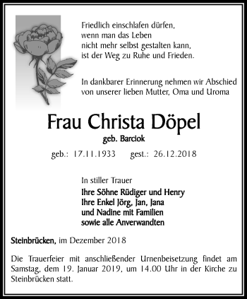 Traueranzeige von Christa Döpel von Ostthüringer Zeitung