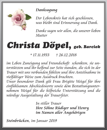 Traueranzeige von Christa Döpel von Ostthüringer Zeitung