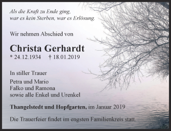 Traueranzeige von Christa Gerhardt von Thüringer Allgemeine, Thüringische Landeszeitung