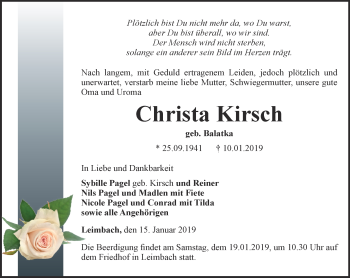 Traueranzeige von Christa Kirsch von Thüringer Allgemeine