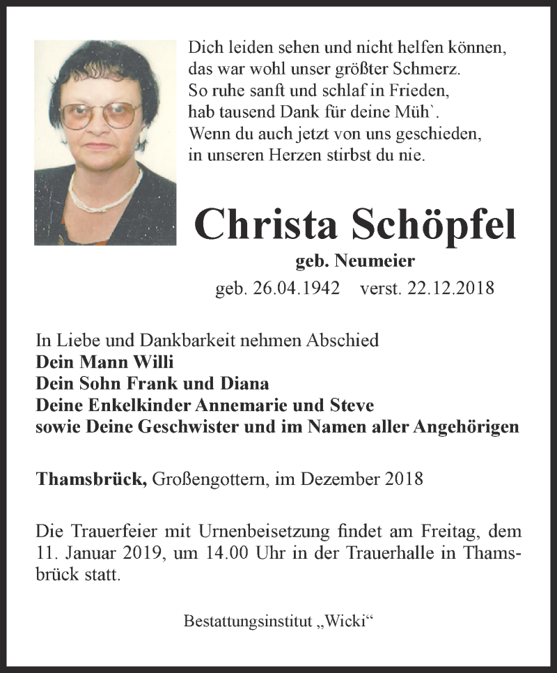 Traueranzeigen von Christa Schöpfel | trauer-in-thueringen.de