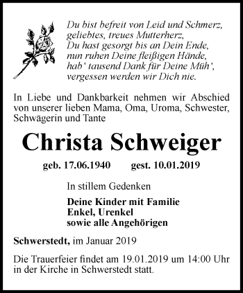 Traueranzeige von Christa Schweiger von Thüringer Allgemeine, Thüringische Landeszeitung