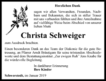 Traueranzeige von Christa Schweiger von Thüringer Allgemeine, Thüringische Landeszeitung