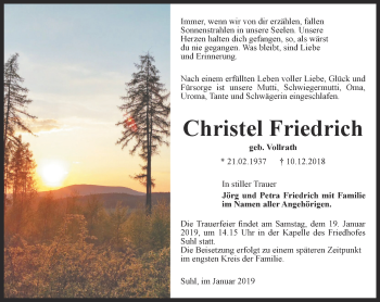 Traueranzeige von Christel Friedrich von Thüringer Allgemeine, Thüringische Landeszeitung