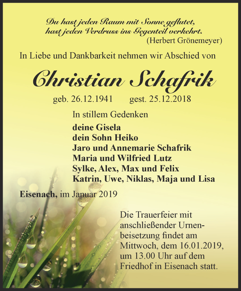  Traueranzeige für Christian Schafrik vom 04.01.2019 aus Thüringer Allgemeine, Thüringische Landeszeitung