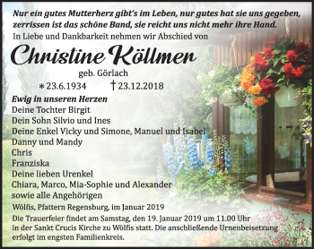 Traueranzeige von Christine Köllmer von Ostthüringer Zeitung, Thüringische Landeszeitung