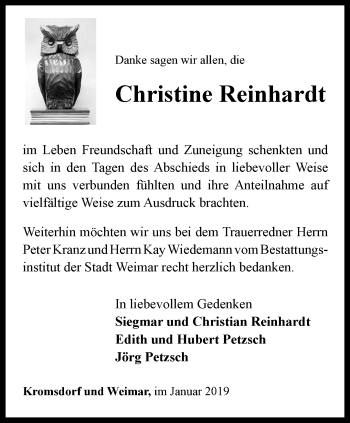 Traueranzeige von Christine Reinhardt von Thüringer Allgemeine, Thüringische Landeszeitung