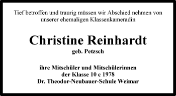 Traueranzeige von Christine Reinhardt von Thüringer Allgemeine, Thüringische Landeszeitung