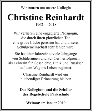 Traueranzeige von Christine Reinhardt von Thüringer Allgemeine, Thüringische Landeszeitung