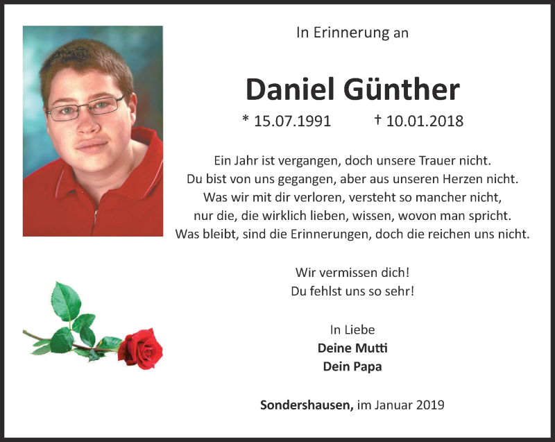  Traueranzeige für Daniel Günther vom 10.01.2019 aus Thüringer Allgemeine
