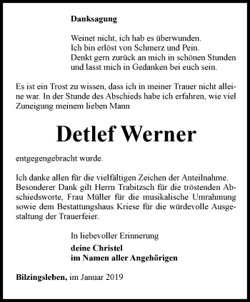 Traueranzeige von Detlef Werner von Thüringer Allgemeine
