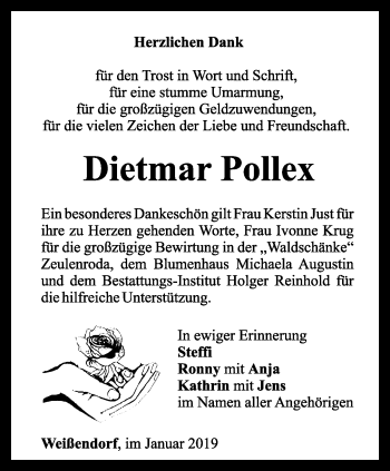 Traueranzeige von Dietmar Pollex von Ostthüringer Zeitung