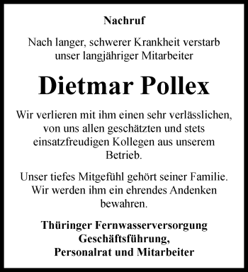 Traueranzeige von Dietmar Pollex von Ostthüringer Zeitung