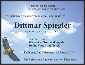 Traueranzeige von Dittmar Spiegler von Ostthüringer Zeitung, Thüringische Landeszeitung