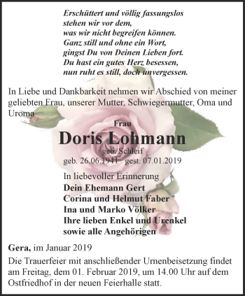 Traueranzeige von Doris Lohmann von Ostthüringer Zeitung