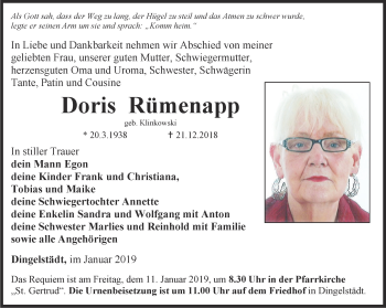 Traueranzeige von Doris Rümenapp von Thüringer Allgemeine