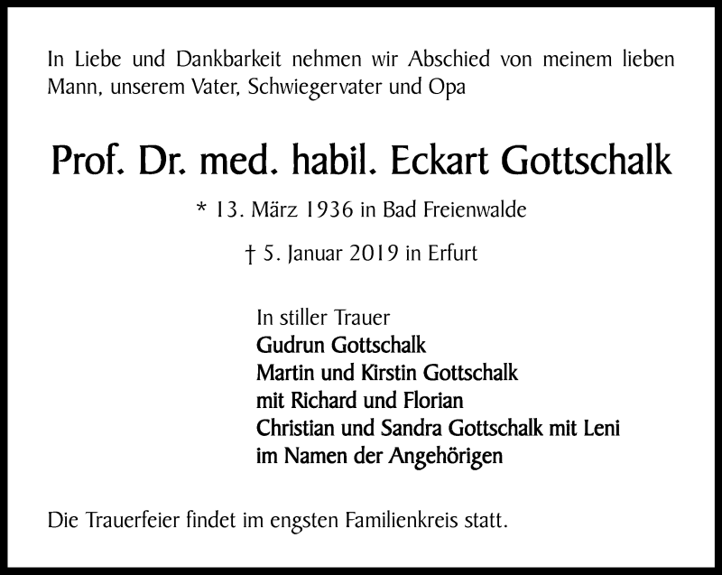  Traueranzeige für Eckart Gottschalk vom 12.01.2019 aus Thüringer Allgemeine, Thüringische Landeszeitung