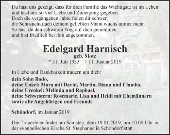 Traueranzeige von Edelgard Harnisch von Thüringer Allgemeine, Thüringische Landeszeitung