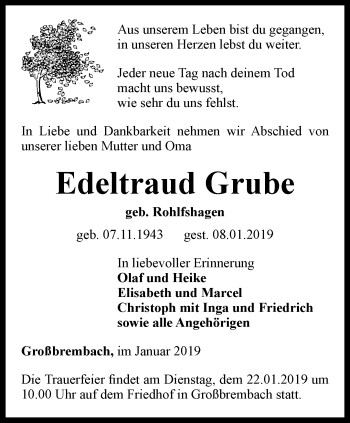 Traueranzeige von Edeltraud Grube von Thüringer Allgemeine