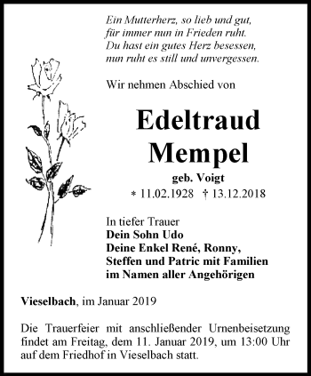 Traueranzeige von Edeltraud Mempel von Thüringer Allgemeine, Thüringische Landeszeitung