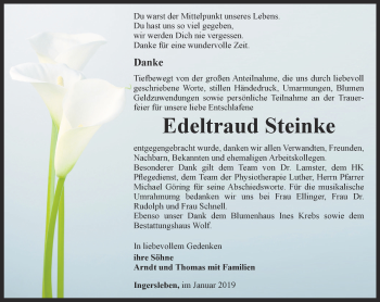 Traueranzeige von Edeltraud Steinke von Thüringer Allgemeine, Thüringische Landeszeitung