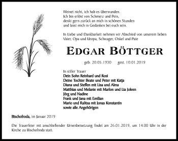 Traueranzeige von Edgar Böttger von Thüringer Allgemeine, Thüringische Landeszeitung