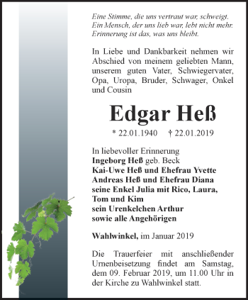 Traueranzeige von Edgar Heß von Ostthüringer Zeitung, Thüringische Landeszeitung