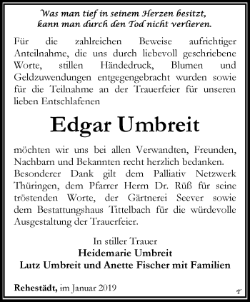 Traueranzeige von Edgar Umbreit von Thüringer Allgemeine