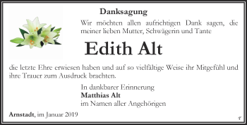 Traueranzeige von Edith Alt von Thüringer Allgemeine