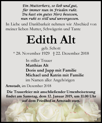 Traueranzeige von Edith Alt von Thüringer Allgemeine