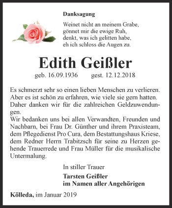 Traueranzeige von Edith Geißler von Thüringer Allgemeine