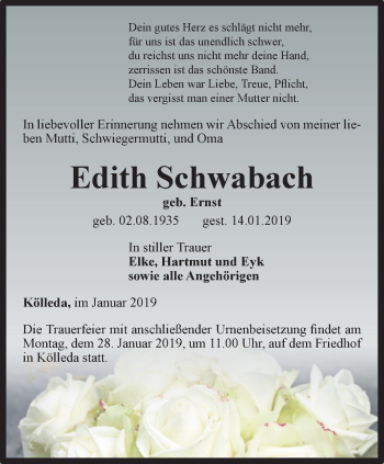 Traueranzeige von Edith Schwabach von Thüringer Allgemeine