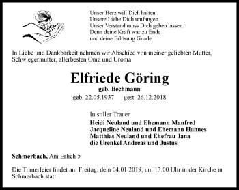 Traueranzeige von Elfriede Göring von Ostthüringer Zeitung, Thüringische Landeszeitung