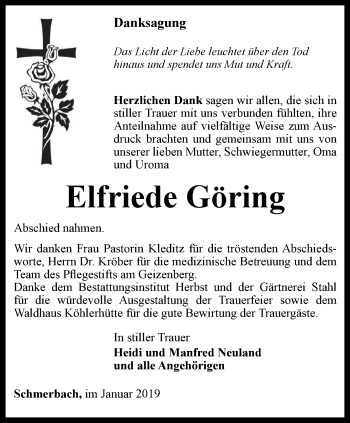 Traueranzeige von Elfriede Göring von Ostthüringer Zeitung, Thüringische Landeszeitung