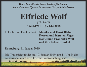 Traueranzeige von Elfriede Wolf von Ostthüringer Zeitung