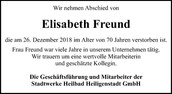 Traueranzeige von Elisabeth Freund von Thüringer Allgemeine