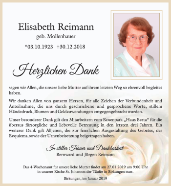 Traueranzeige von Elisabeth Reimann von Thüringer Allgemeine
