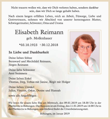 Traueranzeige von Elisabeth Reimann von Thüringer Allgemeine