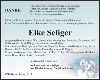 Traueranzeige von Elke Seliger von Ostthüringer Zeitung, Thüringische Landeszeitung