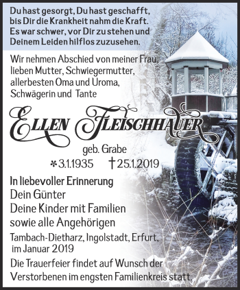 Traueranzeige von Ellem Fleischhauer von Ostthüringer Zeitung, Thüringische Landeszeitung